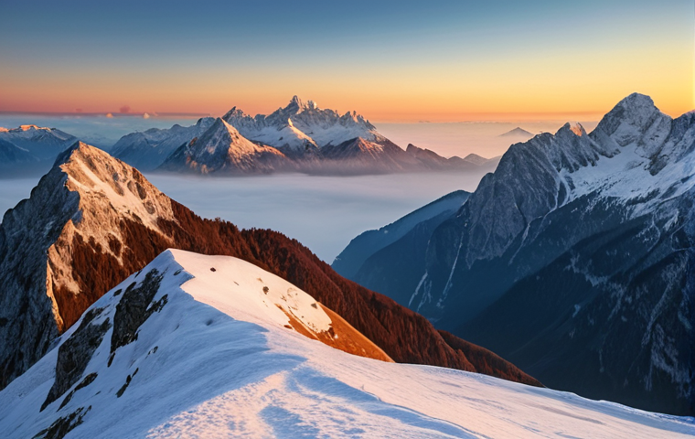 **
`A breathtaking sunrise over the Bavarian Alps. Snow-capped mountain peaks are bathed in golden light. A lone figure stands on a summit, gazing at the vista. Clear blue sky transitioning into warm hues of red, orange, and yellow. Mist lingers in the valleys below. Serene and majestic atmosphere. Photorealistic.`
**