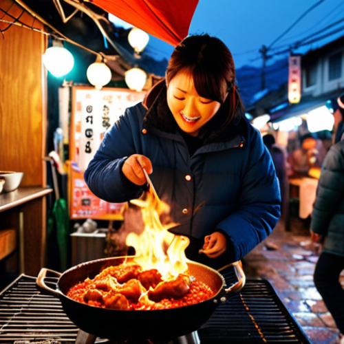 Home 6 **
A vibrant, nighttime scene at a "Pocha" street food stall in Yeosu, South Korea. Focus on the warm glow of the tent lights reflecting on the wet pavement after a light rain. A friendly Korean woman, ajumma, is grilling Dak-Galbi (spicy marinated chicken) over a charcoal grill. Several locals and tourists are seated at small tables, enjoying the food with Soju. Capture the lively atmosphere with blurred motion and bokeh effects from the lights. Include details such as Korean lanterns and colorful signage in Hangul. The overall mood should be inviting and festive, like a "gemütlicher" street festival.
**
