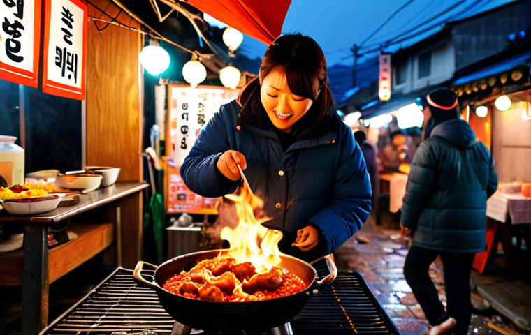 **
A vibrant, nighttime scene at a "Pocha" street food stall in Yeosu, South Korea. Focus on the warm glow of the tent lights reflecting on the wet pavement after a light rain. A friendly Korean woman, ajumma, is grilling Dak-Galbi (spicy marinated chicken) over a charcoal grill. Several locals and tourists are seated at small tables, enjoying the food with Soju. Capture the lively atmosphere with blurred motion and bokeh effects from the lights. Include details such as Korean lanterns and colorful signage in Hangul. The overall mood should be inviting and festive, like a "gemütlicher" street festival.
**