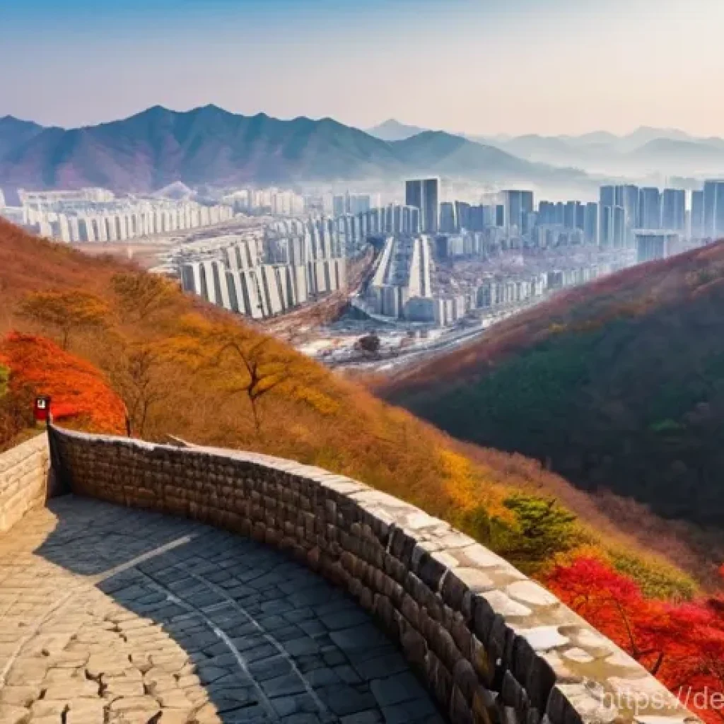 청주 상당산성 트레킹 - **Prompt:** A breathtaking panoramic view of the Sangdangsanseong Fortress in Cheongju, South Korea,...