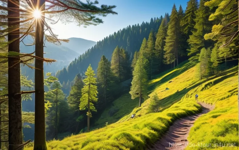 설악산 등산코스 추천 - **Prompt:** A vibrant, sun-drenched morning scene in the heart of the Black Forest. Dense, towering ...