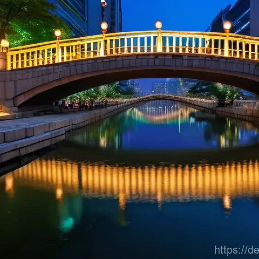 서울 청계천 데이트 - **Enchanting Cheonggyecheon Night Walk:** A romantic evening scene along the Cheonggyecheon Stream i...