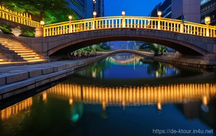 서울 청계천 데이트 - **Enchanting Cheonggyecheon Night Walk:** A romantic evening scene along the Cheonggyecheon Stream i...