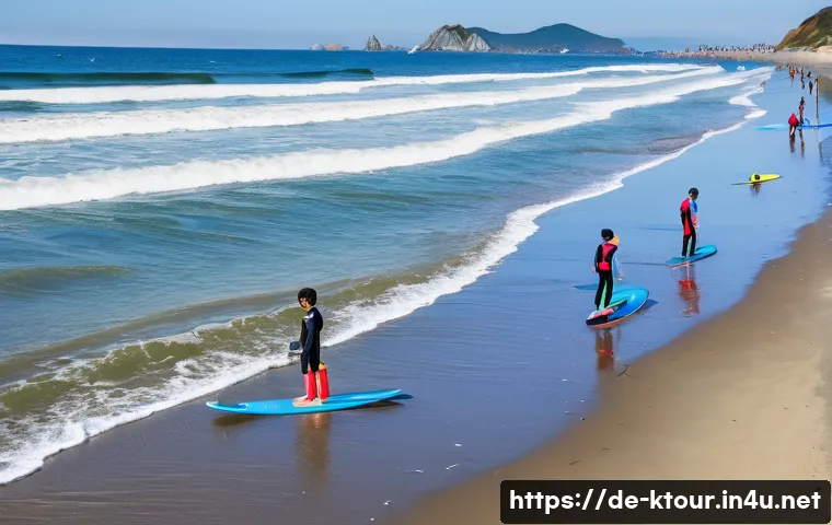 부산 송정 해수욕장 - **"A vibrant and welcoming surfing lesson at Songjeong Beach, South Korea, during a sunny day. A div...