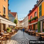 경주 황리단길 맛집 - A vibrant street scene in a European city neighborhood blending historic and modern architecture, wi...