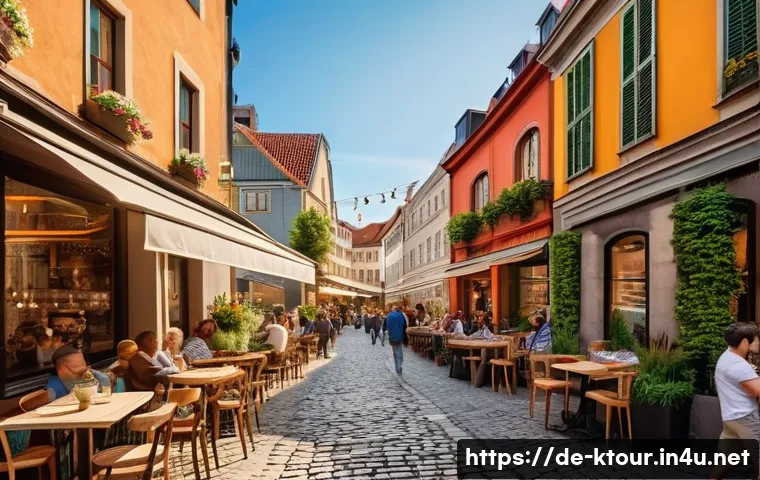 경주 황리단길 맛집 - A vibrant street scene in a European city neighborhood blending historic and modern architecture, wi...