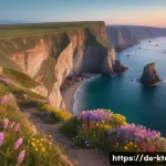 강릉 경포대 드라이브 - A breathtaking coastal cliff scene at early morning with soft mist hovering over the deep blue sea, ...