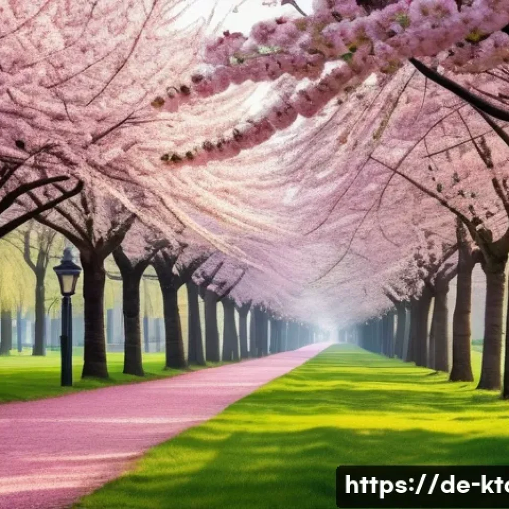 춘천 남이섬 여행 계획 - A serene spring scene of a famous tree-lined avenue in a European park during cherry blossom season,...