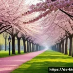 춘천 남이섬 여행 계획 - A serene spring scene of a famous tree-lined avenue in a European park during cherry blossom season,...