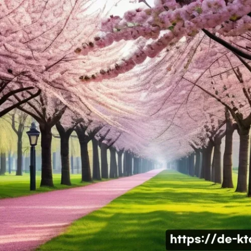 춘천 남이섬 여행 계획 - A serene spring scene of a famous tree-lined avenue in a European park during cherry blossom season,...