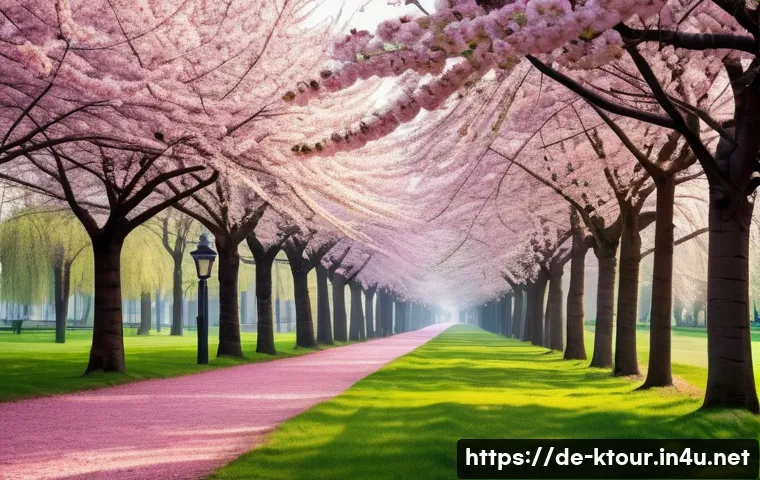 춘천 남이섬 여행 계획 - A serene spring scene of a famous tree-lined avenue in a European park during cherry blossom season,...