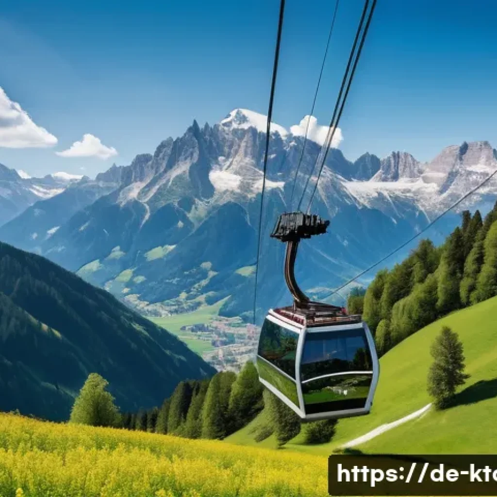 통영 케이블카 후기 - A scenic cable car gondola suspended high above a lush green Alpine valley during springtime in Bava...
