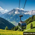 통영 케이블카 후기 - A scenic cable car gondola suspended high above a lush green Alpine valley during springtime in Bava...