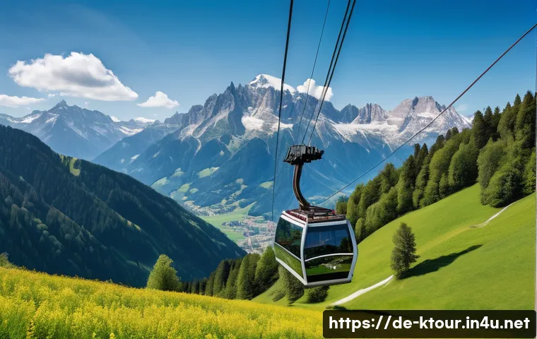통영 케이블카 후기 - A scenic cable car gondola suspended high above a lush green Alpine valley during springtime in Bava...
