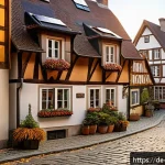한옥 스테이 추천 - A serene traditional German timber-framed house nestled in a quaint village street during early autu...