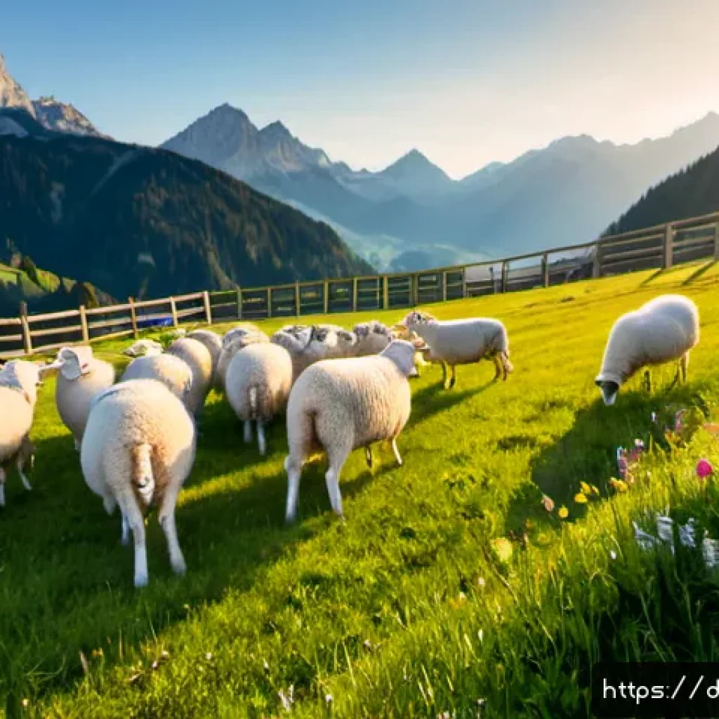 평창 대관령 양떼목장 - Photorealistic wide landscape of a Bavarian alpine sheep pasture near Garmisch-Partenkirchen, dozens...