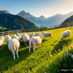 평창 대관령 양떼목장 - Photorealistic wide landscape of a Bavarian alpine sheep pasture near Garmisch-Partenkirchen, dozens...