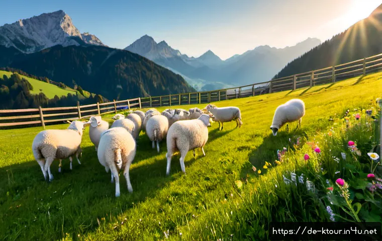 평창 대관령 양떼목장 - Photorealistic wide landscape of a Bavarian alpine sheep pasture near Garmisch-Partenkirchen, dozens...