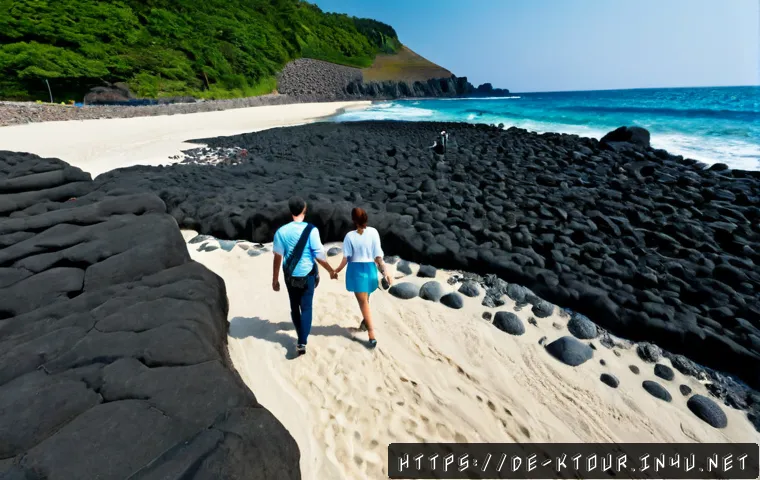 제주 곽지해수욕장 후기 - Photorealistic wide-angle travel scene at Gwakji Beach on Jeju Island, crystal-clear turquoise water...